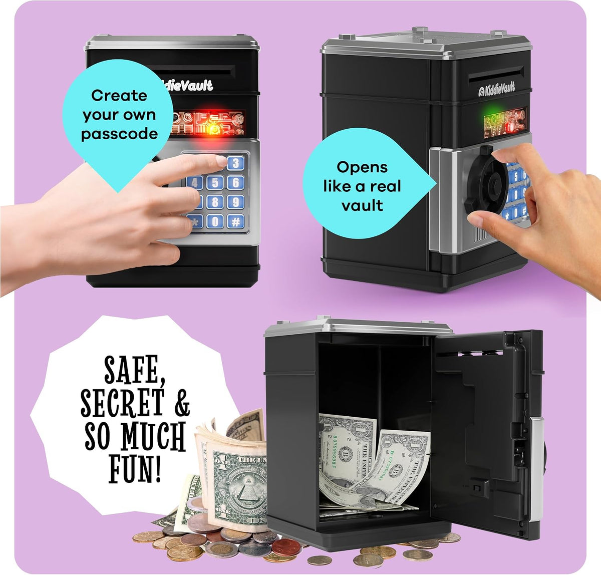 Imagineers KiddieVault Electronic Piggy Bank for Kids, Money Saving Box with Secret Passcode, Automatic Bill Feeder, Lights & Sounds, ATM Safe Toy, Black & Silver