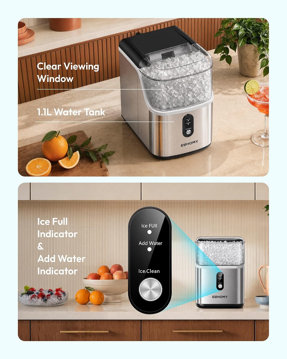 EUHOMY Nugget Ice Maker Countertop, Ready in 7 Mins, 35Lbs/24H Pebble Ice Maker Machine, Self-Cleaning Countertop Sonic Ice Makers with Ice Scoop&Basket, Pellet Ice Maker for Home, Stainless Steel