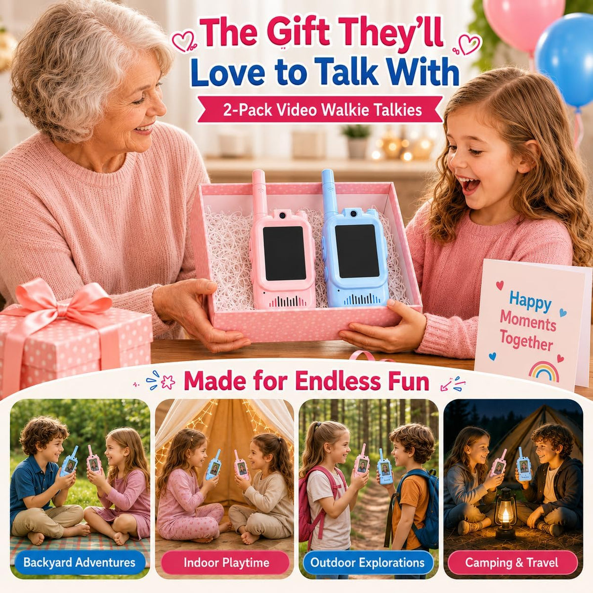 Fabeto Kids Video Walkie Talkies, 2-Pack Rechargeable Walkie Talkie Toys with 720P HD Camera, Voice Changer, Auto Pairing, USB-C Charging, Pink & Blue