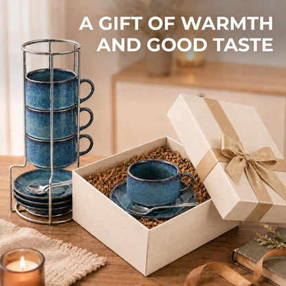 8 Ounce Cappuccino Cups Set of 4, Reactive Blue Stackable Demitasse Mugs, Includes Display Stand, Cups Saucers, and Spoons, for Machines & Home Use