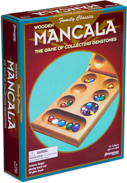 Pressman Mancala Board Game, Classic Strategy Game with 48 Glass Stones and Folding Wooden Board, 2-Player Game for Kids & Adults Ages 6+