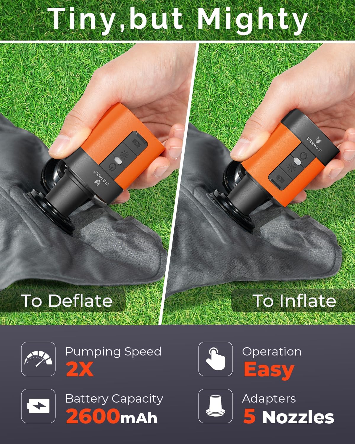 ETENWOLF AIR 3 Air Pump for Inflatables with 2600mAh Battery& Camping Light Ultra-Fast and Mini Electric Air Pump, Inflate Deflate for Air Mattress, Pool Floats, Vacuum Storage Bags