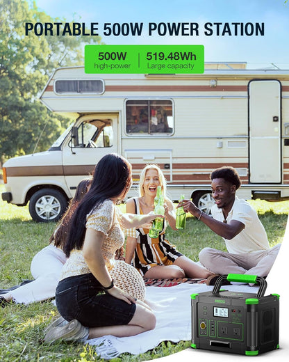 Portable Power Station 500W, 519.48Wh/140400mAh Solar Generator Backup Lithium Battery Pack Power Supply with 2 AC Outlets, PD 60W USB-C Power Bank for Outdoor RV Camping, Home Outage, Emergency