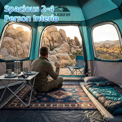 HEWOLF 2-4 Person Camping Tent, Instant Pop-Up Waterproof 2-Door 3-Season Hexagonal Dome Tent with Rainfly, Spacious Family Tent for Camping, Hiking & Travel, New Blue