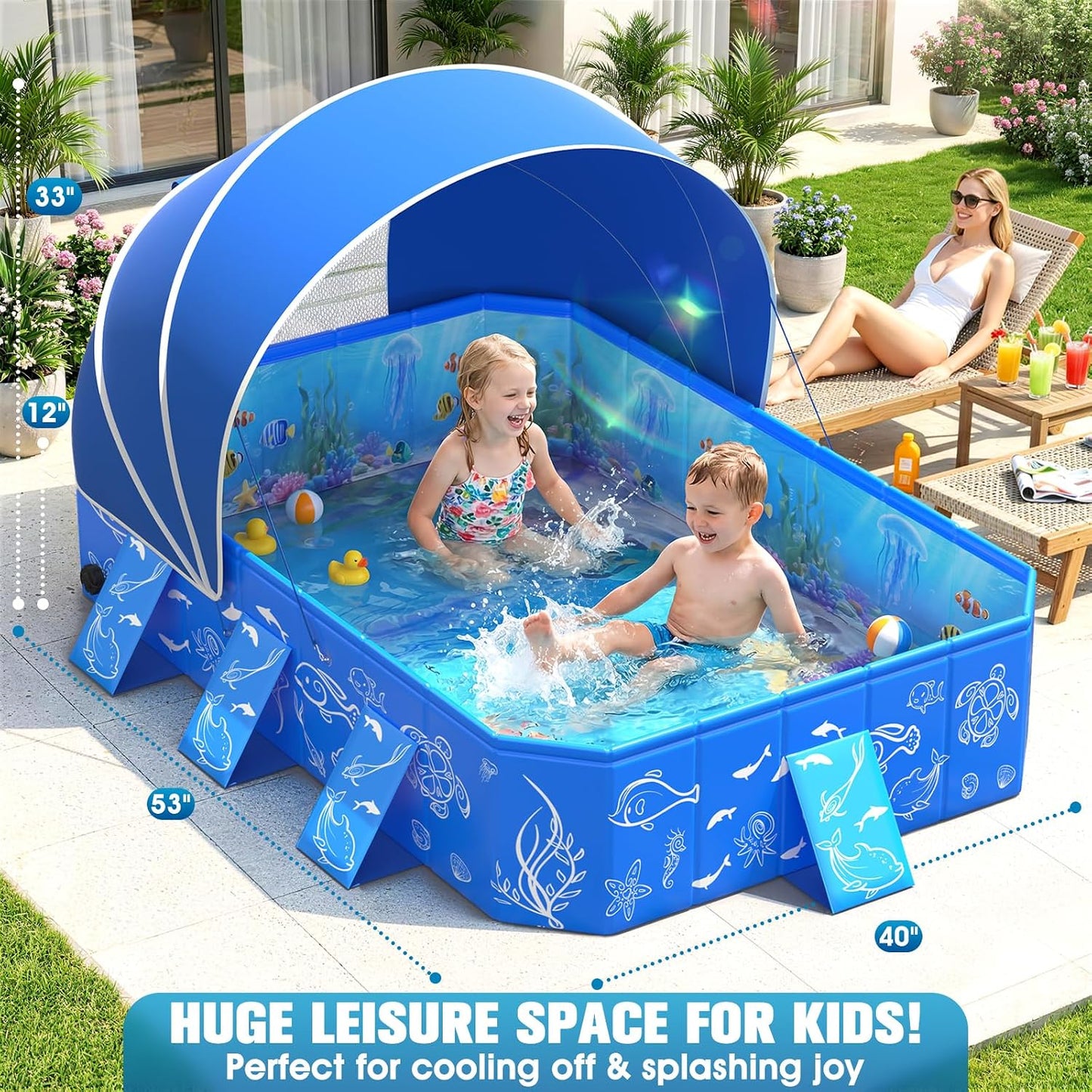 Foldable Kiddie Pool with Canopy 53" x 40" x 33", Portable Toddler Swimming Pool with Removable UPF 50+ Sunshade, Rectangular Kids Pool with Marine Design, Backyard Outdoor Water Play Pool, Blue