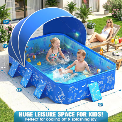 Foldable Kiddie Pool with Canopy 53" x 40" x 33", Portable Toddler Swimming Pool with Removable UPF 50+ Sunshade, Rectangular Kids Pool with Marine Design, Backyard Outdoor Water Play Pool, Blue
