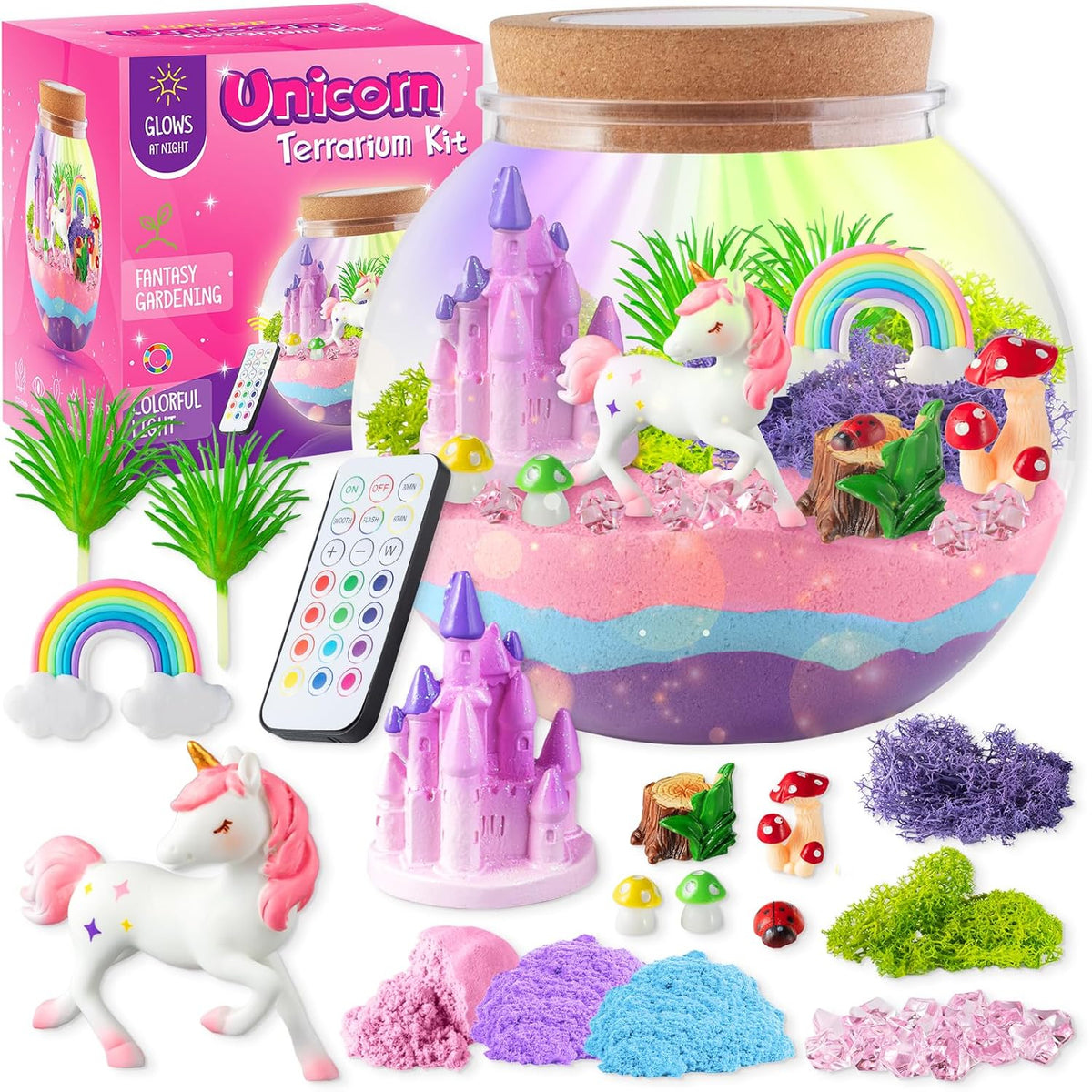 JOYEEMAX Unicorn Light-Up Terrarium Kit for Kids, DIY Unicorn Fairy Garden with 13-Color LED Night Light & Remote Control, Arts and Crafts Gift for Girls Ages 4-12