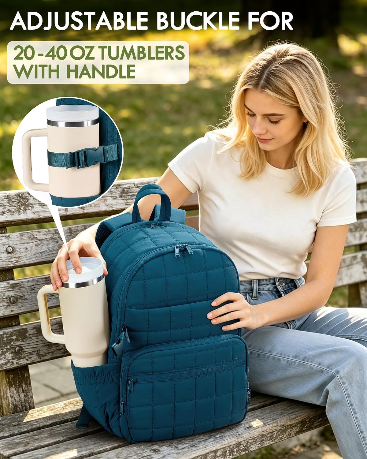 Bagstellar Travel Backpack for Women, 15.6" Puffer College Laptop Backpack 27L Quilted Work Back Pack w/ Double Zipper, 18 Pockets, Giant Tumbler Holder, Water Resistant Teacher Nurse Computer Bookbag