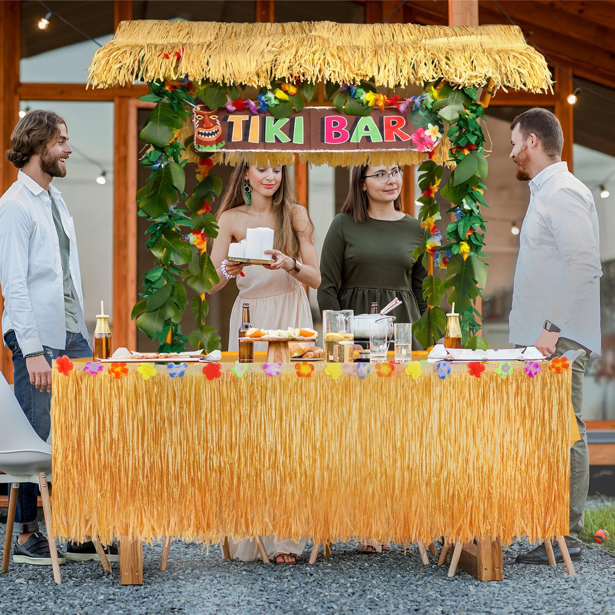 Auihiay 50-Piece Tiki Bar Hut Kit, Hawaiian Luau Party Decorations with Tiki Bar Roof, Banner, Flower Garland, Palm Leaves, Table Skirt & Tablecloth, Yellow