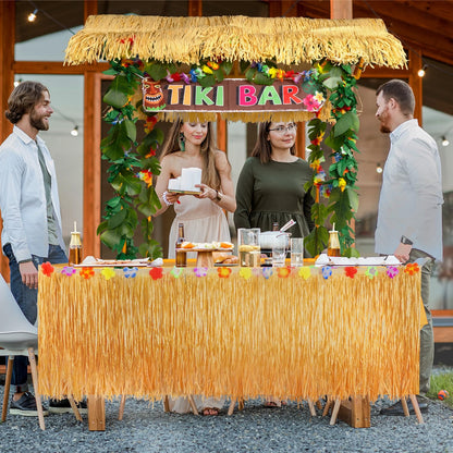 Auihiay 50-Piece Tiki Bar Hut Kit, Hawaiian Luau Party Decorations with Tiki Bar Roof, Banner, Flower Garland, Palm Leaves, Table Skirt & Tablecloth, Yellow