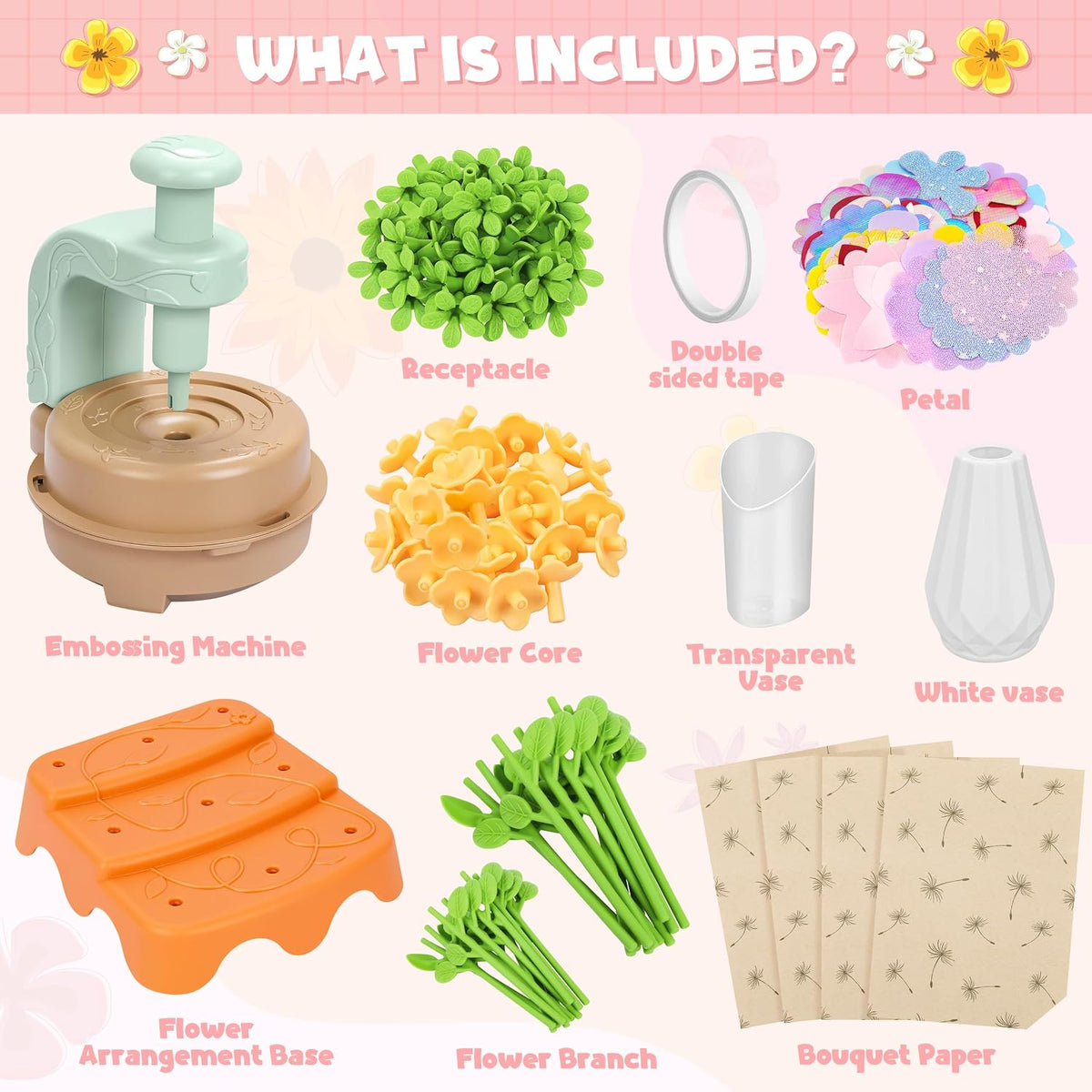 Toyly DIY Fabric Flower Bouquet Craft Kit, 152-Piece Flower Market Set for Kids Ages 4+, Educational Arts & Crafts Toy with Flower Maker, Vases & Bouquet Accessories, Yellow-Green