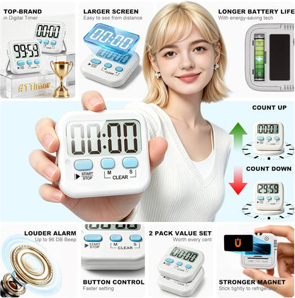 Antonki Digital Kitchen Timer 2-Pack with Alarm
