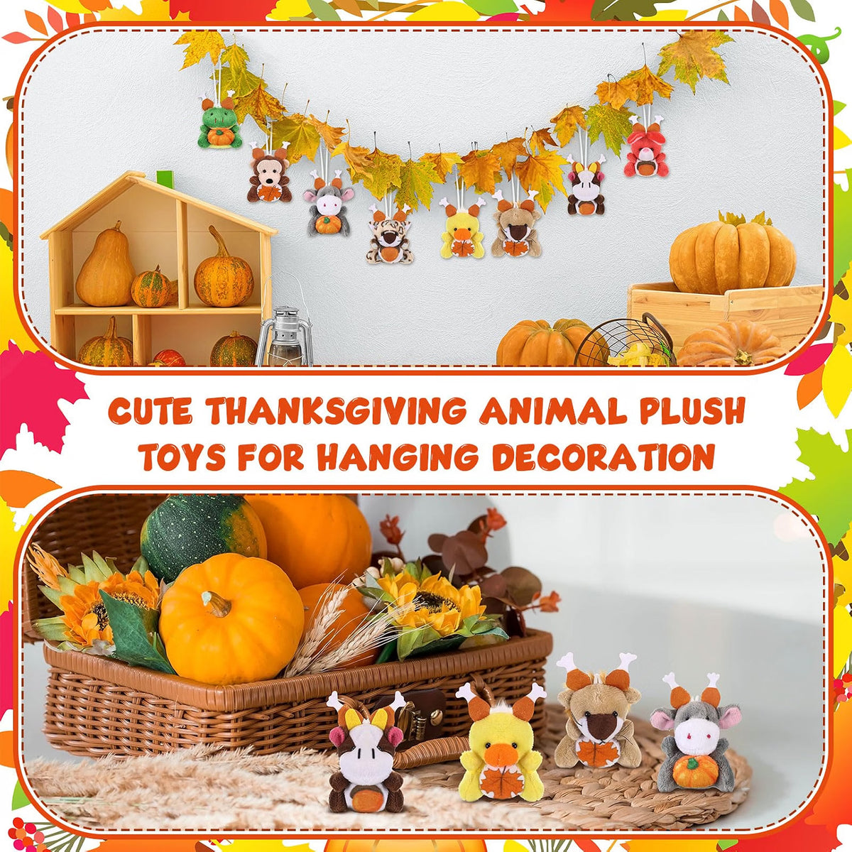 Blueweenly 24-Piece Mini Thanksgiving Stuffed Animal Bulk Set, 12 Fall Animal Designs, Small Plush Keychain Ornaments for Party Favors, Gifts & Fall Decorations