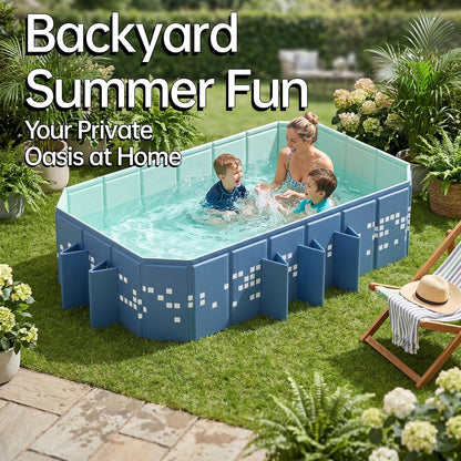 Large Foldable Swimming Pool 87 x 53 x 20 Inch, Non-Inflatable Rectangular Pool with Mosaic Design, Anti-Slip Portable Pool for Kids and Adults, Backyard Outdoor Pool