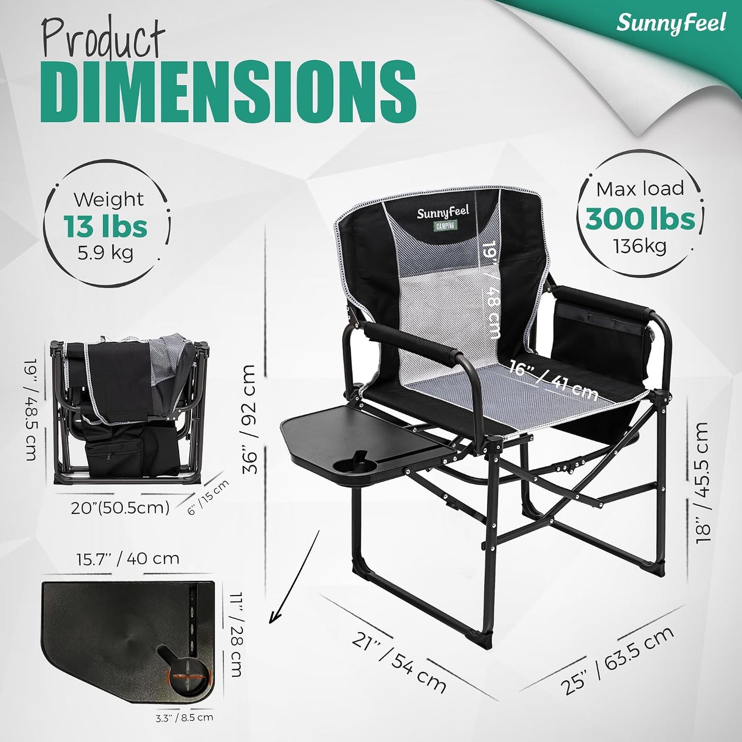 SUNNYFEEL Oversized Camping Chair Portable Directors Chairs with Side Table Heavy Duty Folding Lawn Chair for Adults 300LBS with Compact Size, Breathable Mesh, Pocket & Carry Bag for Outdoor, Lawn, RV
