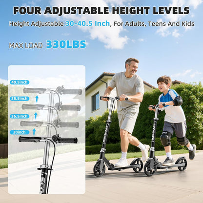 GRENYX Kick Scooter for Kids 8-12, Teens & Adults, Foldable 8-Inch Big Wheel Scooter with Hand & Foot Brakes, Bell, Adjustable Handlebar, 240-LB Capacity, Black