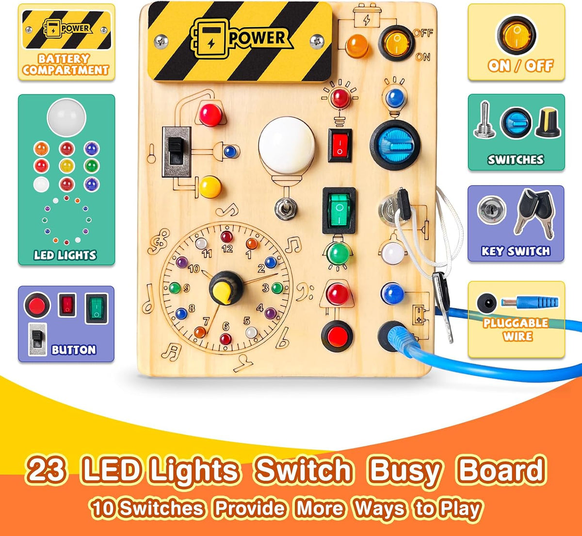 Grarain Montessori Busy Board for Toddlers Ages 1-3, Interactive Wooden Sensory Activity Board with 23 LED Lights, Clock & Alphabet Learning Toy, Travel-Friendly Educational Toy