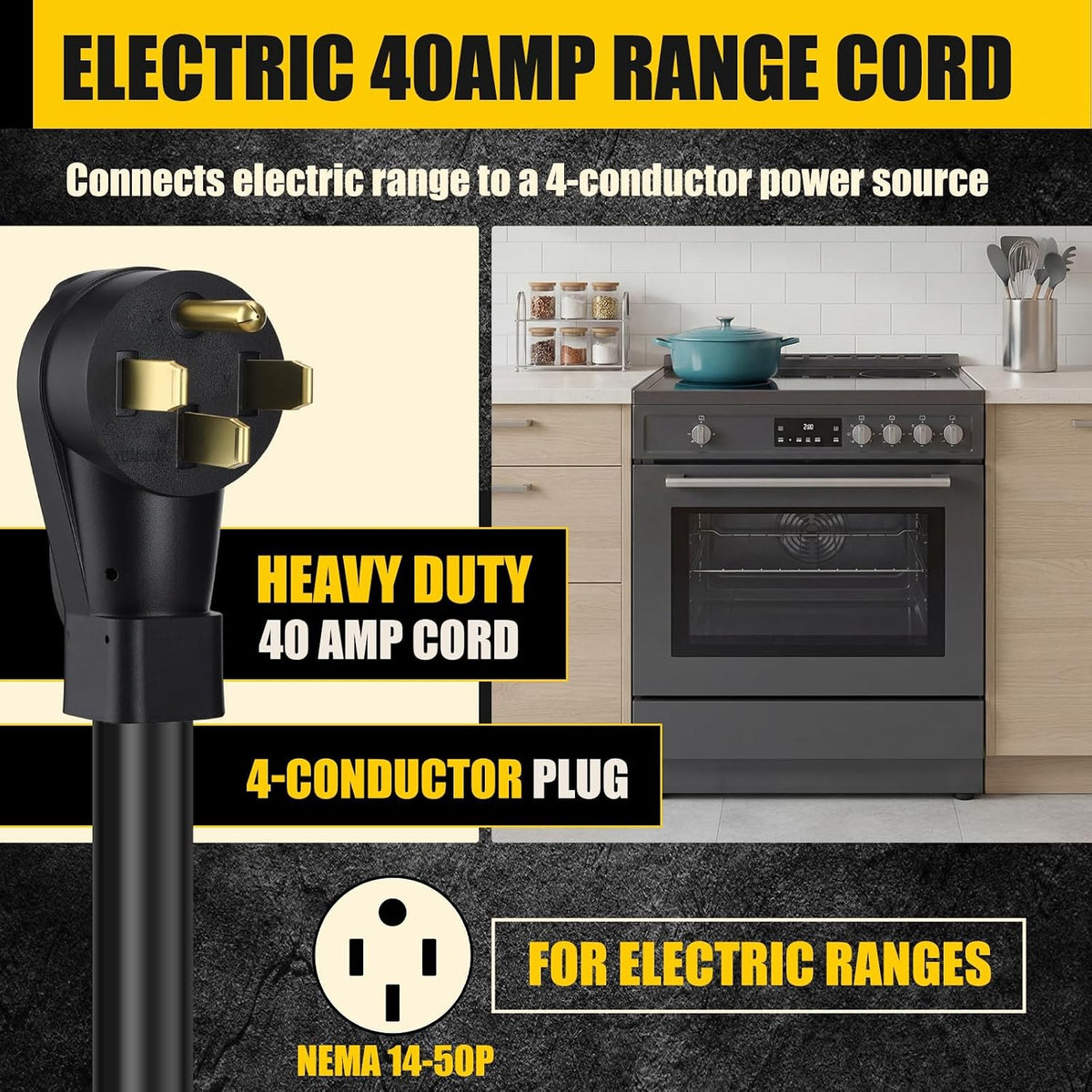 Kanayu 10FT 40 Amp 4 Prong Replacement Range Power Cord NEMA 14-50p to 4-Wire, Compatible with EV Plug/J1772 Connector, 8/2+10/2 AWG SDRT, Etl Listed