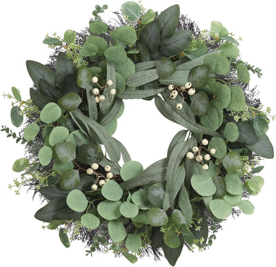 HyperionFlo Essentials 24-Inch Artificial Eucalyptus Wreath for Front Door, Greenery with White Berries, Fall & Year-Round Home Decor