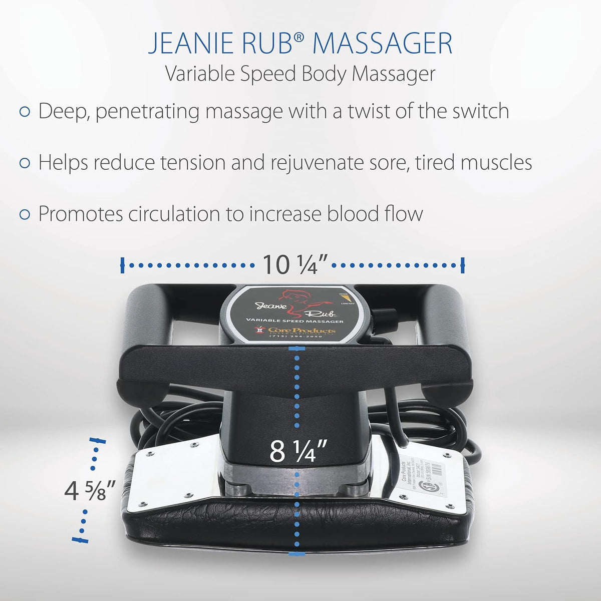 Core Products Jeanie Rub Professional Massage Kit with Variable Speed Massager, 500–4600 RPM, Paraspinal & Extremity Attachments, Carrying Bag, 120V