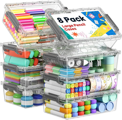 BiuLeon 8-Pack Large Pencil Box Set, Clear Plastic Pencil Cases with Snap-Tight Lids, Stackable Marker & Crayon Organizer Boxes for School, Office, Art & Craft Supplies, Grey