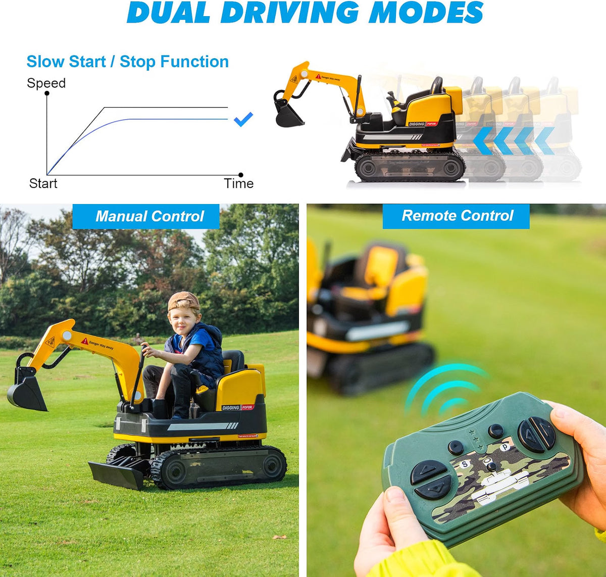 JOYLDIAS 2-in-1 Ride-On Excavator & Bulldozer, 12V Battery-Powered Kids Construction Vehicle with 360° Rotation, Parent Remote Control, Bluetooth, MP3 & Toolbox
