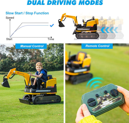 JOYLDIAS 2-in-1 Ride-On Excavator & Bulldozer, 12V Battery-Powered Kids Construction Vehicle with 360° Rotation, Parent Remote Control, Bluetooth, MP3 & Toolbox