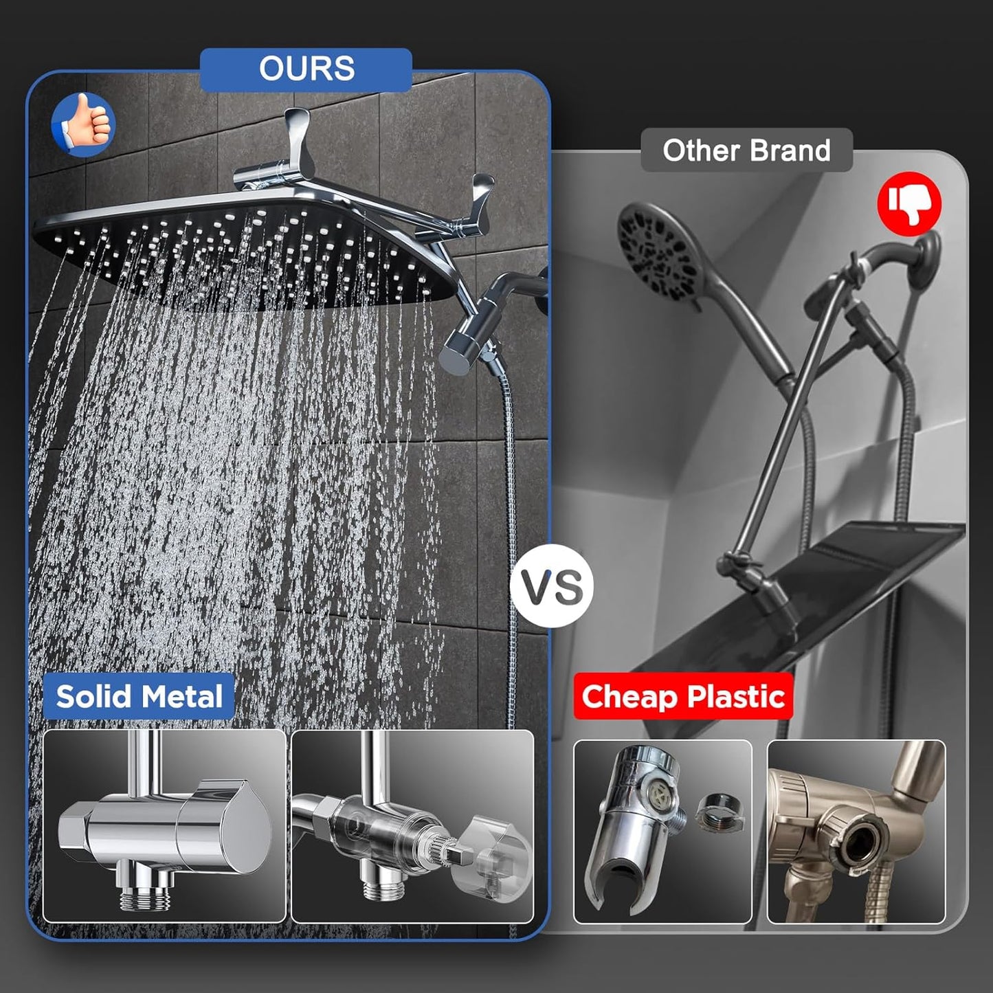 Veken 11.8" High Pressure Shower Head with Handheld, Metal Core Fittings