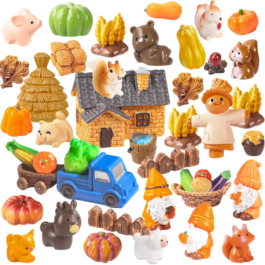 DIYDEC 42-Piece Thanksgiving Mini Resin Figures, Fall Farm Animal Miniatures with Squirrel, Dog, Sheep, Scarecrow & Pumpkin, Multicolor Garden Decor & DIY Craft Accessories