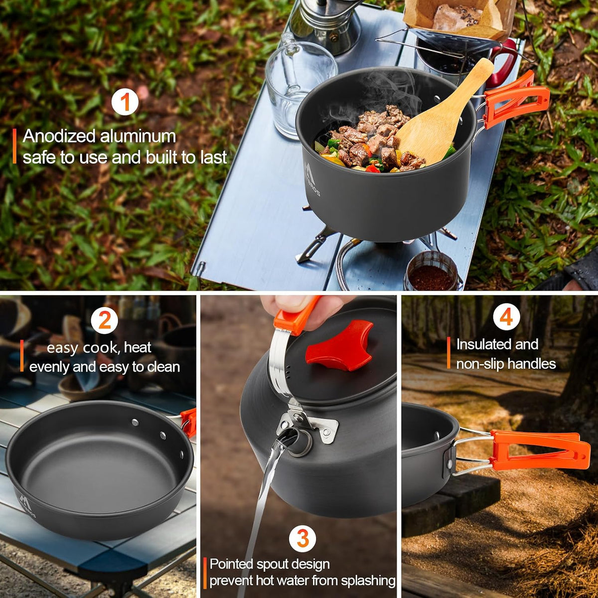 THTYBROS 17-Piece Camping Cookware Mess Kit, Hard-Anodized Aluminum Camping Cookware Set with Pot, Kettle, Frying Pan, Cups, Plates & Utensils for Camping, Backpacking & Picnic, Gray