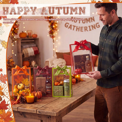 Mooliwe 12-Pack Fall Clear Plastic Gift Bags with Handles and Ribbons, Thanksgiving Goodie Bags for Candy, Small Gifts, Party Favors & Autumn Events
