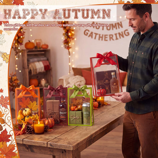 Mooliwe 12-Pack Fall Clear Plastic Gift Bags with Handles and Ribbons, Thanksgiving Goodie Bags for Candy, Small Gifts, Party Favors & Autumn Events