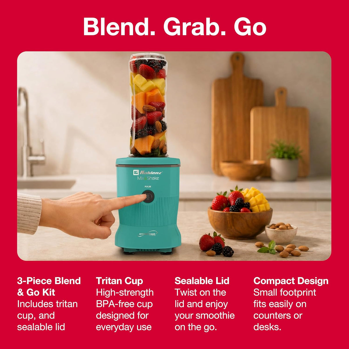 Koblenz MSKM-600 V Mix&Shake Personal Blender, Shakes 600W Portable Blender for Smoothies and Shakes, Pulse, BPA-Free To-Go Cup, Sealable Lid, Metal Coupling, Green, MSKM-600 V