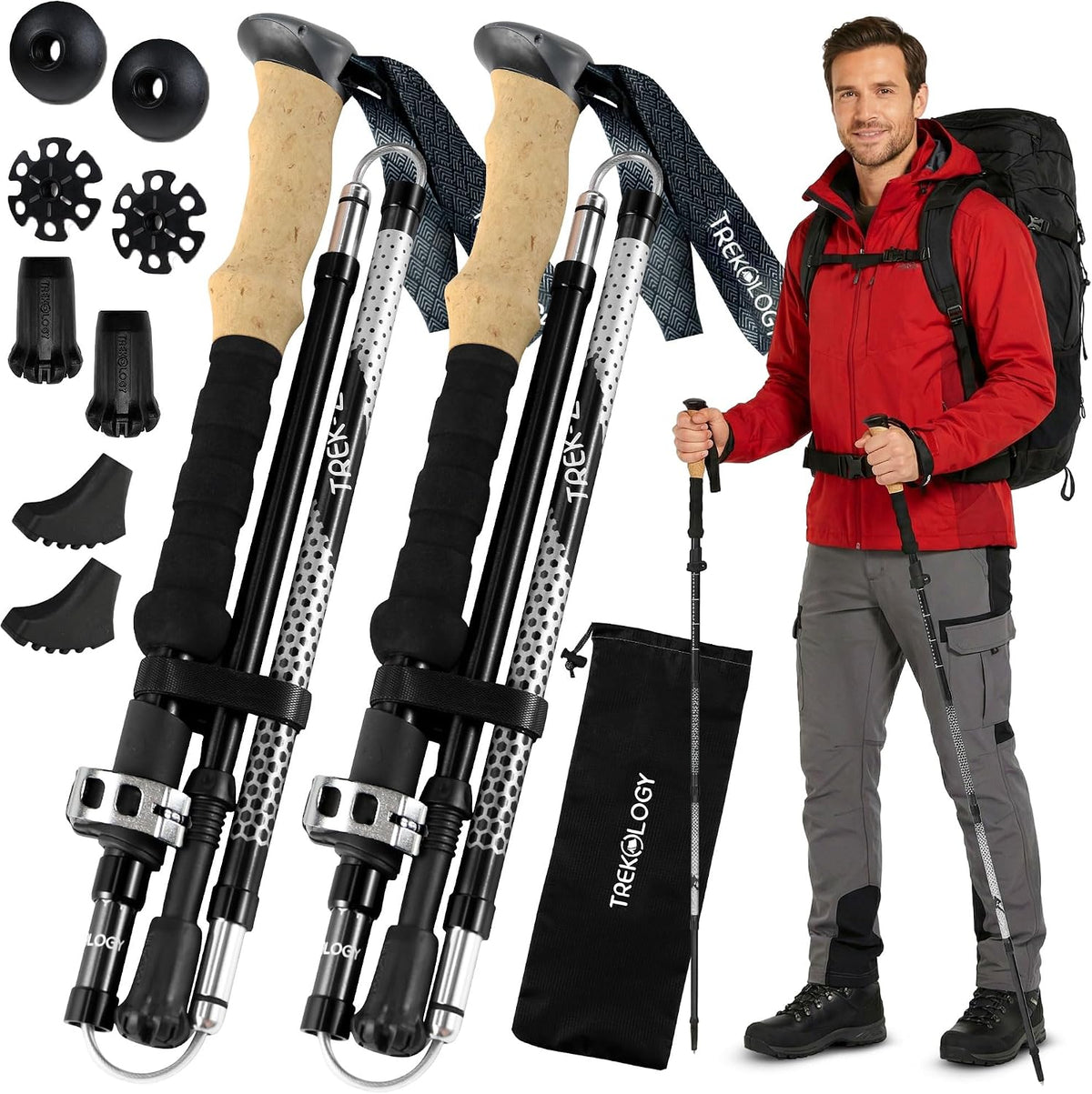 TREKOLOGY Trek-Z Hiking Trekking Poles, 2-Pack Foldable Aluminum Walking Sticks with EVA Foam Grip, Adjustable 100–120 cm, Lightweight Collapsible Hiking Poles for Men & Women, Black