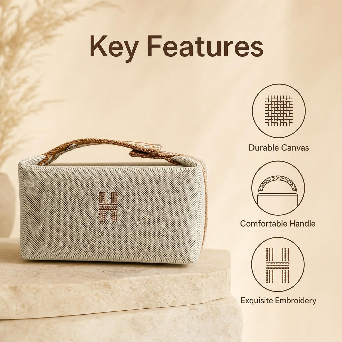 HyperionFlo Essentials Portable Canvas Makeup Bag, Small Toiletry Bag with Zipper, Hanging Loop & Convertible Handles, Beige