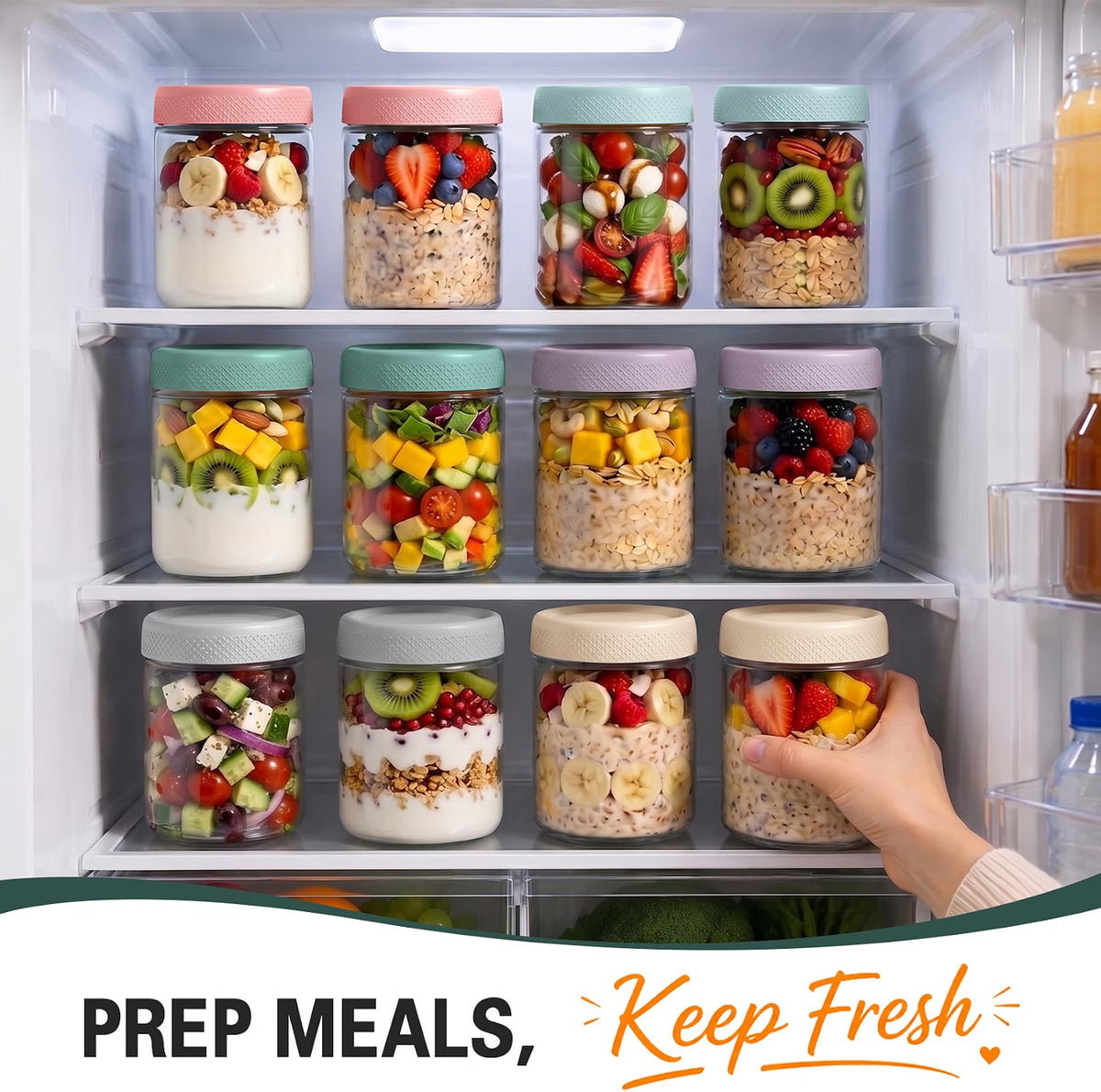 SECLENT Overnight Oats Containers with Lids, 6-Pack 16 oz Glass Mason Jars, Airtight Wide-Mouth Food Storage Jars for Yogurt, Chia Pudding & Meal Prep