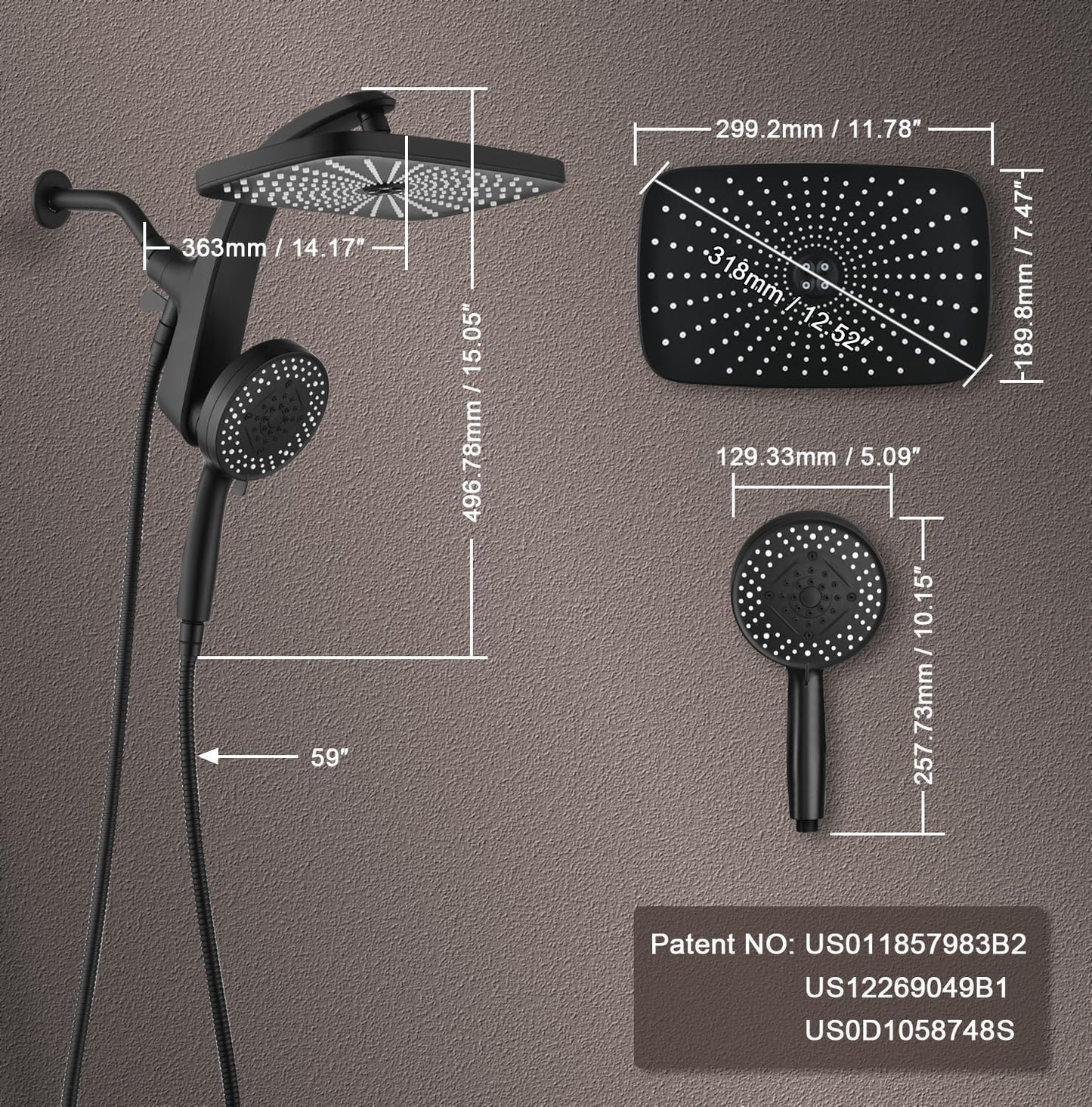 Rain Shower Head with Handheld Showerhead, Black 1.75GPM 460311 12" High Pressure Rainfall Shower Heads, 9 Sprays Handheld Showerheads, Magnetic Docking, Power Jets, 59" Shower Hose