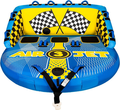 KMJETNIVY Towable Tube for Boating, 1–3 Person Inflatable Boat Tube with 510 lb Capacity, Heavy-Duty 840D Nylon Cover, EVA Foam Handles, Front & Rear Tow Points, Multicolor Blue