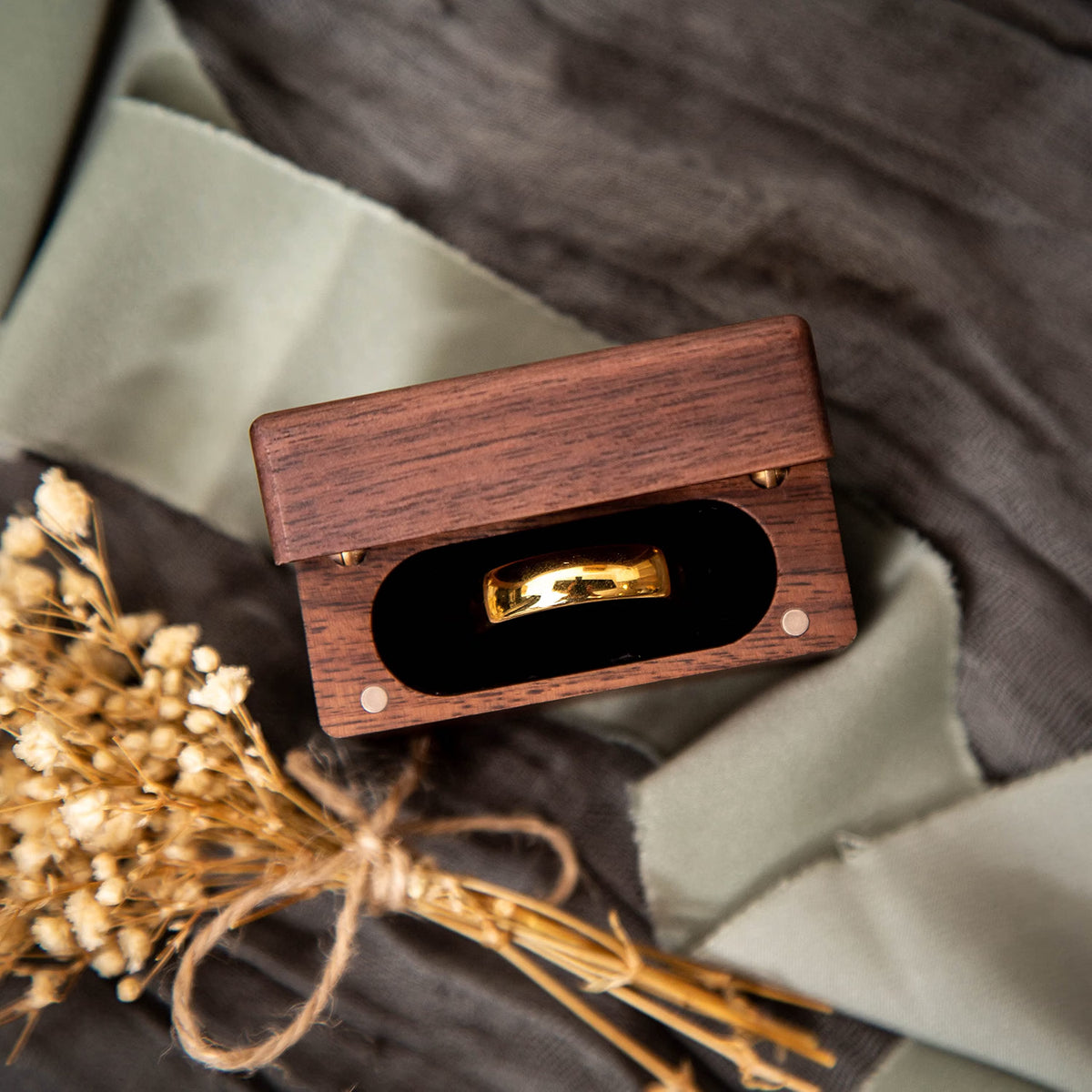 MUUJEE Slim Secret Wood Ring Box, Engraved Walnut Ring Holder for Engagement Proposal, Wedding Ceremony & Ring Bearer Gift, Rustic Brown