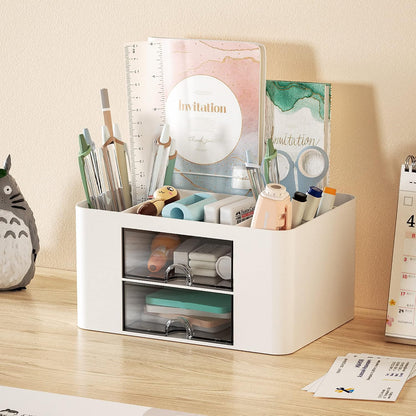 Marbrasse Pen Organizer with 2 Drawers, Multi-Functional Desk Pencil Holder with 5 Compartments and Drawers for Office, School and Art Supplies