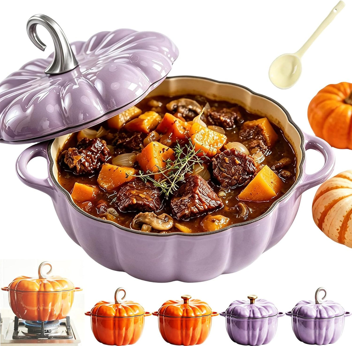 Pumpkin Enameled Cast Iron Dutch Oven with Lid, Oven Safe Soup Casserole Dish with Dual Handles, Cute Fall Harvest Decor Bakeware for Thanksgiving Halloween (B2, 16CM)