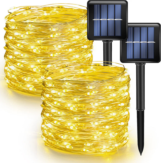 Dazzle Bright 2-Pack Solar String Lights Outdoor, 80FT 240 LED Solar-Powered Fairy Lights, Waterproof IP44, 8 Lighting Modes, Silver Wire, Warm White