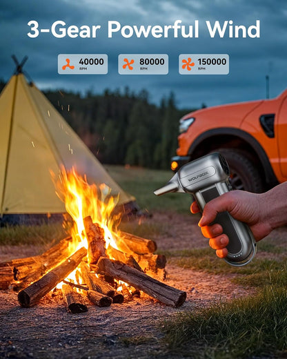 WOLFBOX MF100 Compressed Air Duster, 150000RPM Turbo Fan, 45 m/s Airflow 3-Gear Adjustable Speed, Type-C Fast Charging, Lightweight 0.66 lb, 5 Nozzles & 2 Brushes, For Computer Keyboard Car Outdoor