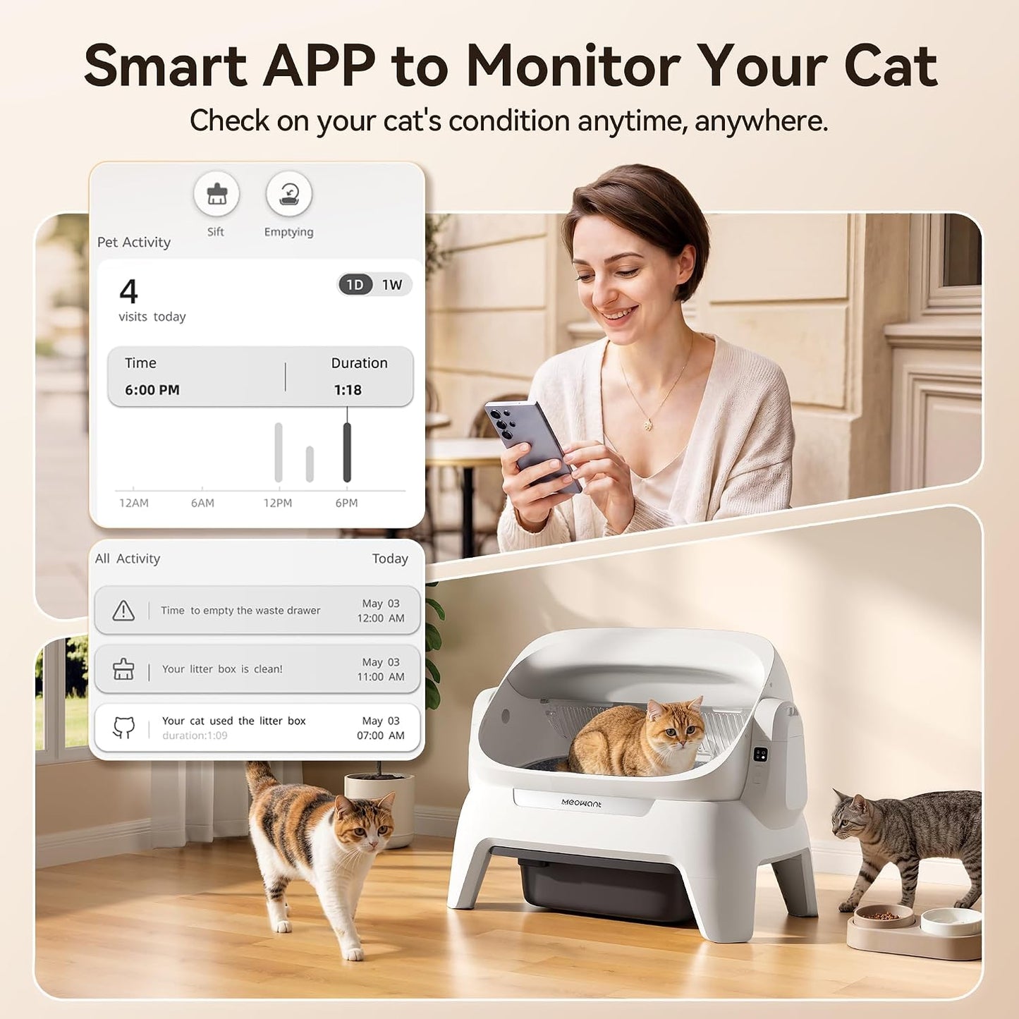 Meowant Extra Large Automatic Litter Box Infrared Scanning and Anti-Pinch Self Cleaning Litter Box for Multiple Cats, Open Top Design with APP Control, 12L Waste Bin, Odor Free, XXXL Space