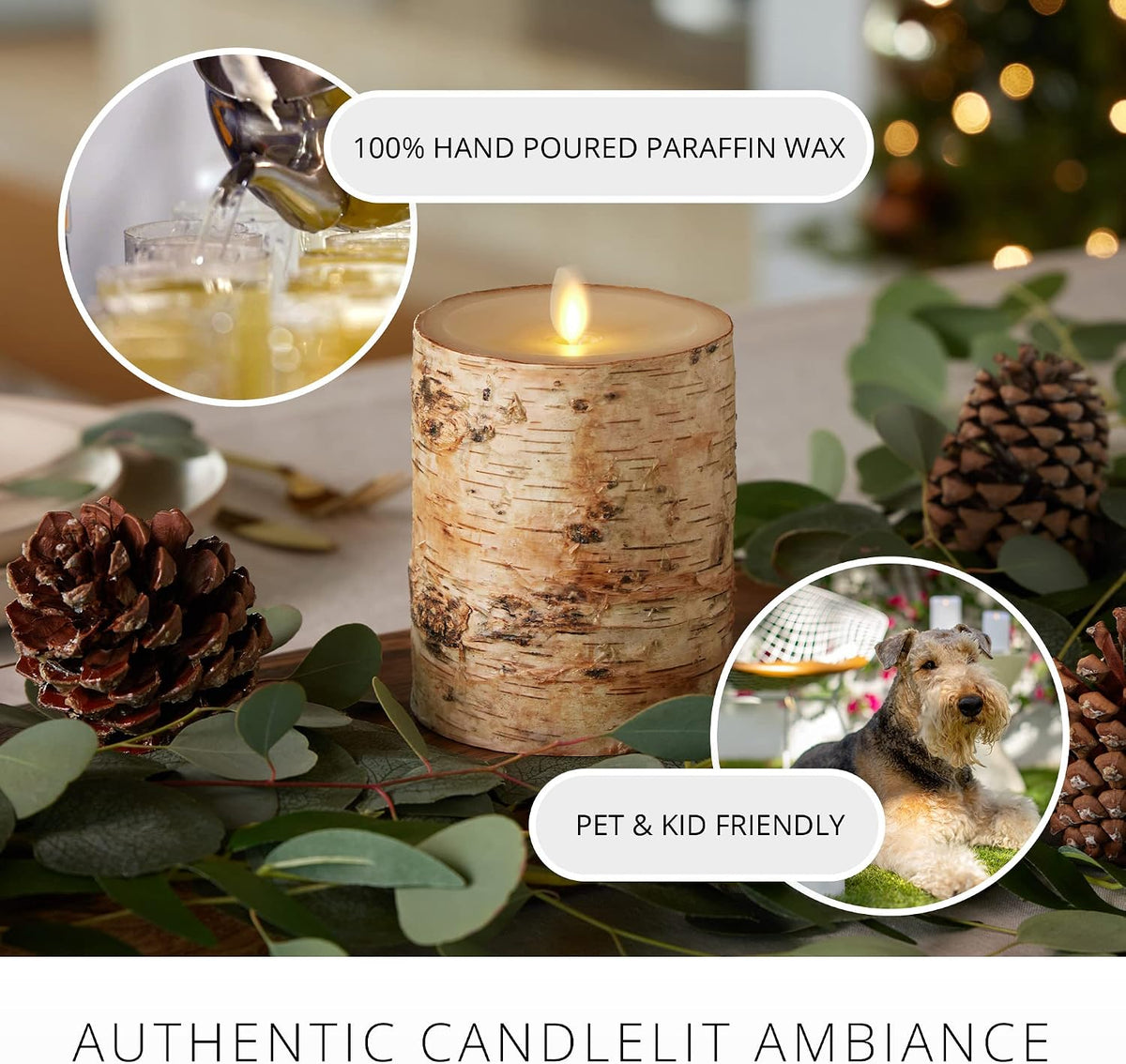Luminara Real Birch Bark Wrapped Flameless LED Candle, 4" x 5.3", Battery Operated Moving Flame Pillar Light with Timer - Natural Decor Unscented