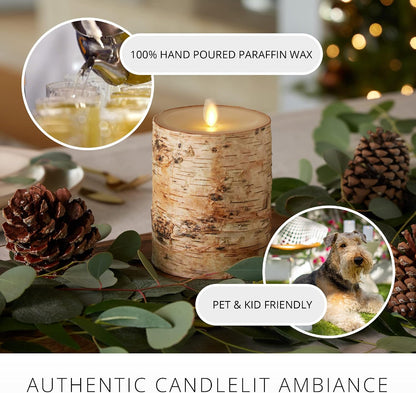 Luminara Real Birch Bark Wrapped Flameless LED Candle, 4" x 5.3", Battery Operated Moving Flame Pillar Light with Timer - Natural Decor Unscented