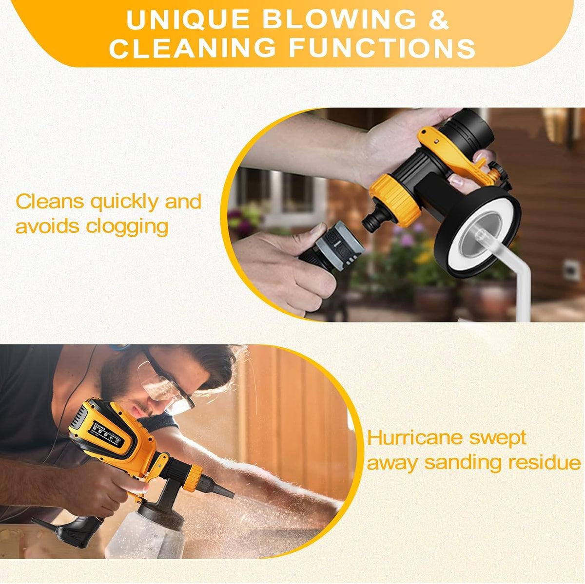 VONFORN Paint Sprayer, 700W Spray Paint Gun with 4 Nozzles & 3 Patterns with Cleaning & Blowing Joints, Easy to Clean, for Furniture, Cabinets, Fence, Walls, Door, Garden Chairs etc. Yellow