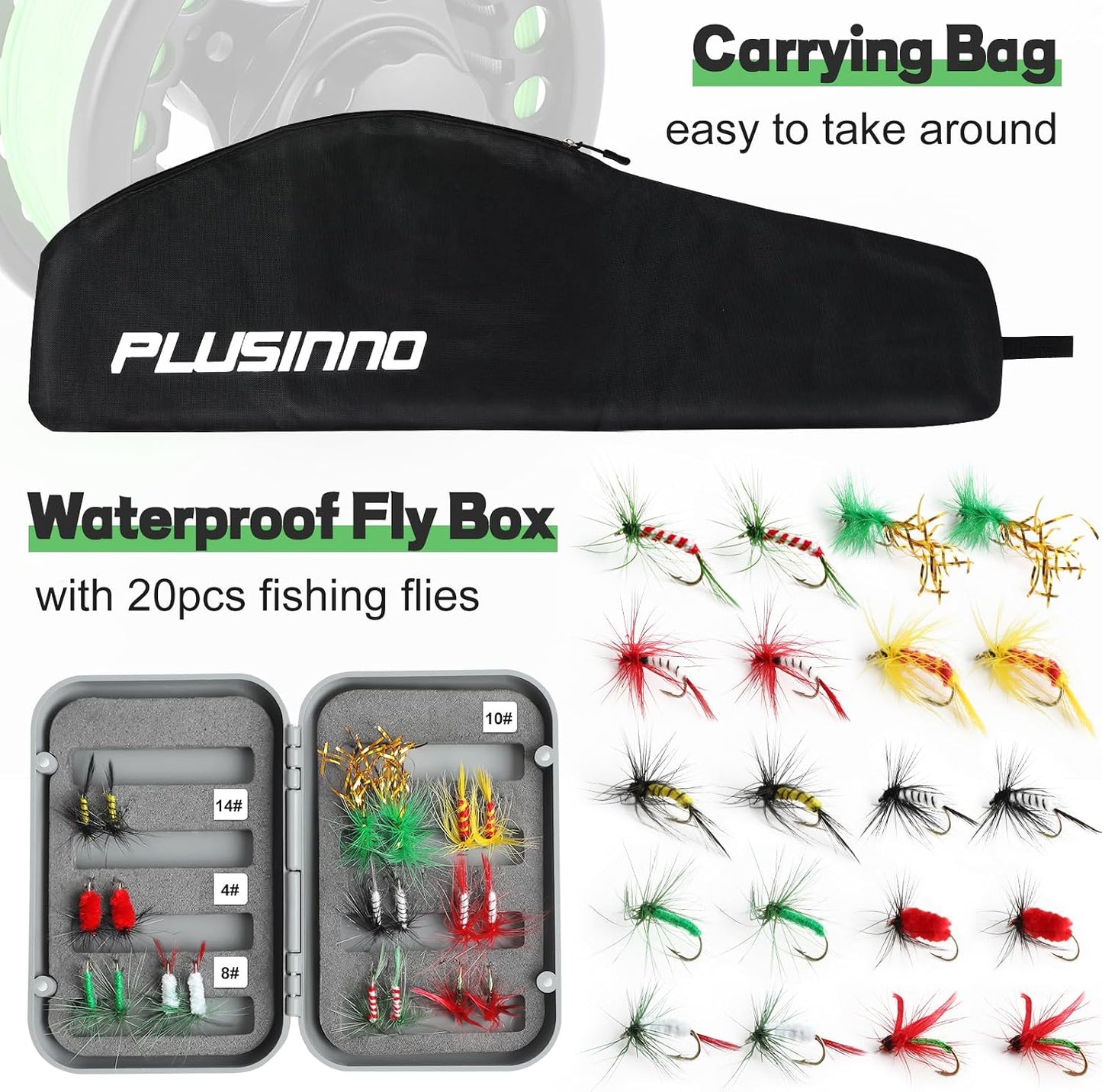 PLUSINNO Fly Fishing Rod and Reel Combo Kit, 9FT 5/6 Weight IM8 Graphite Fly Rod with Aluminum Reel, 2+1 Bearings, Floating Line, Flies & Carrier Case
