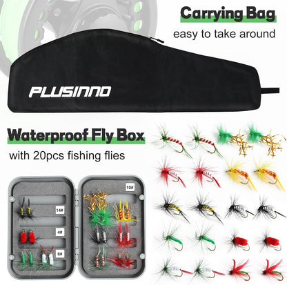 PLUSINNO Fly Fishing Rod and Reel Combo Kit, 9FT 5/6 Weight IM8 Graphite Fly Rod with Aluminum Reel, 2+1 Bearings, Floating Line, Flies & Carrier Case