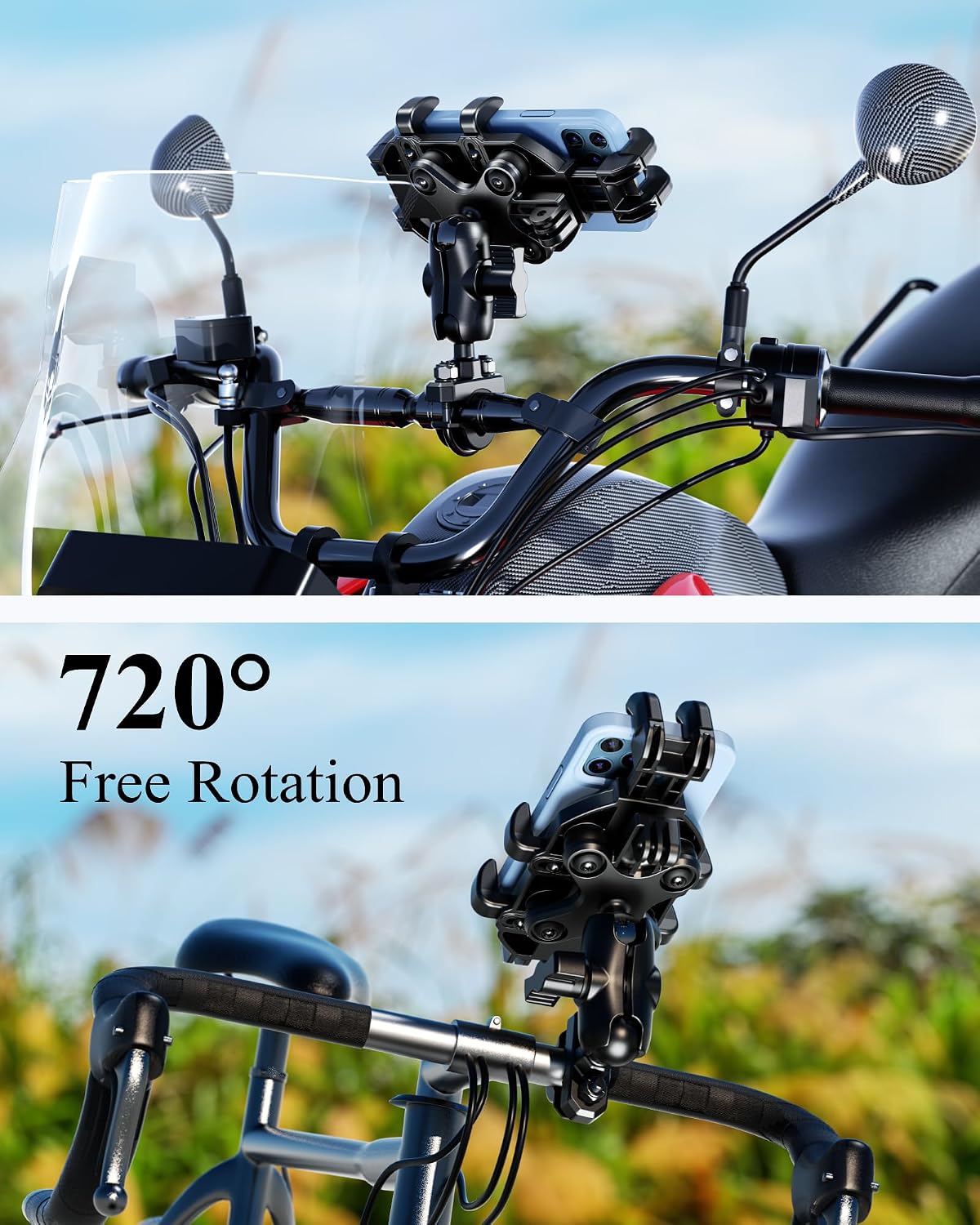 BRCOVAN Motorcycle Phone Mount Holder with Vibration Dampener, Adjustable Handlebar Phone Cradle for Motorcycles, Bikes, E-Bikes, ATVs & Scooters, Black